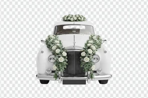 White Vintage Wedding Car with Roses Decoration PNG