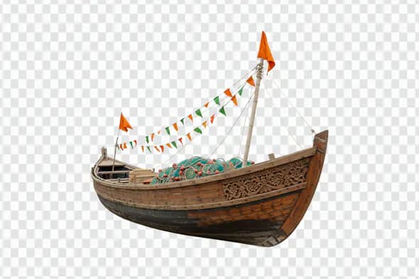 Traditional Wooden Fishing Boat Decorated Flags PNG