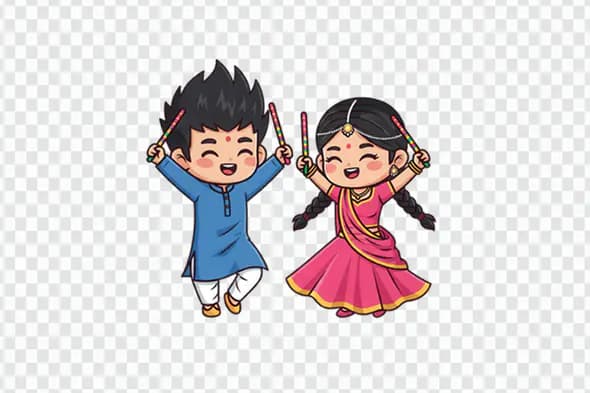 Joyful Cartoon Children Dancing with Colorful Dandiya Sticks