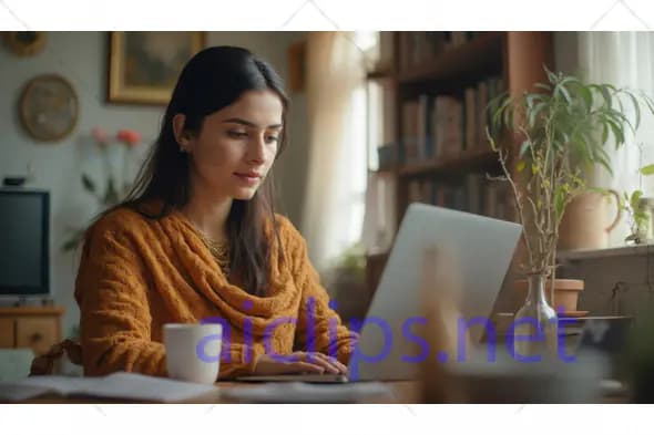 Woman Working on Laptop at Home Office