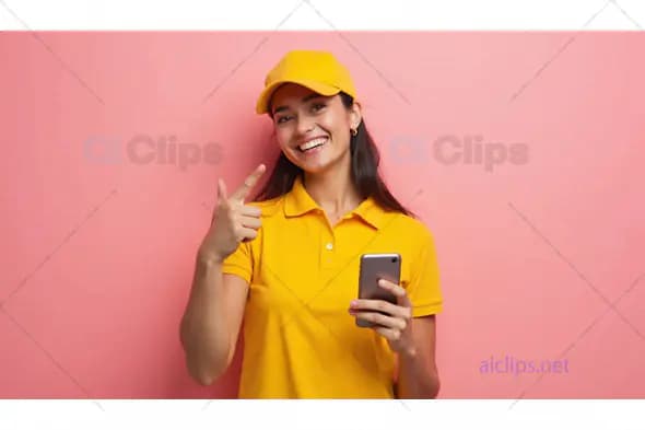 Smiling Female Delivery Worker with Smartphone