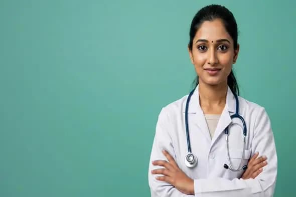Healthcare Professional Portrait Against Turquoise Background