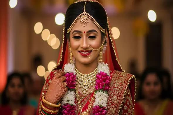 Indian Bride in Red Lehenga with Floral Garland and Bridal Jewelry During Wedding Ceremony