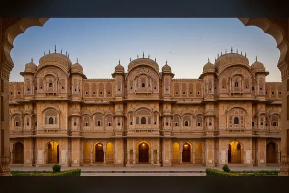 Symmetrical Indian Palace Facade | Rajput Architecture in Evening Glow
