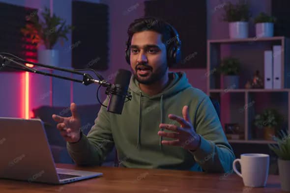 Passionate Podcaster in Neon-Lit Studio