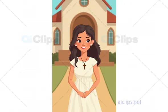Cartoon Woman Smiling in White Dress with Cross Necklace in Front of Church