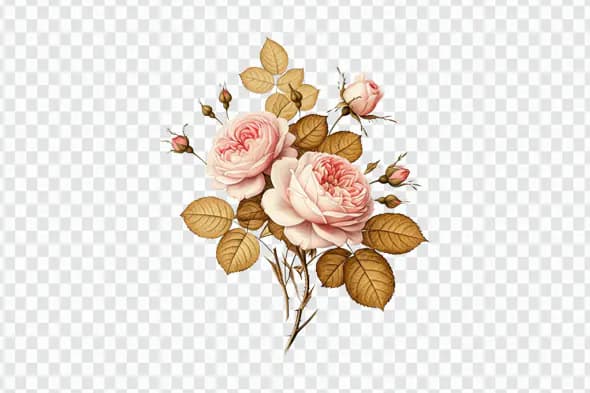 Romantic Blush Roses with Golden Leaves PNG