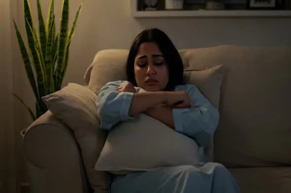 Contemplative Woman in Dimly Lit Room