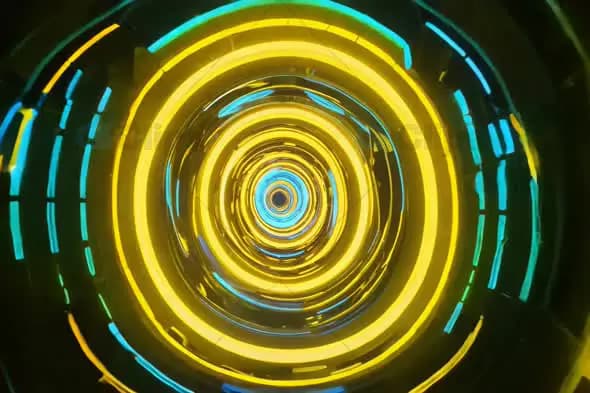 Futuristic Yellow and Blue Neon Tunnel with Spinning Rings