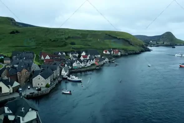 Aerial View of Coastal Village by the Sea