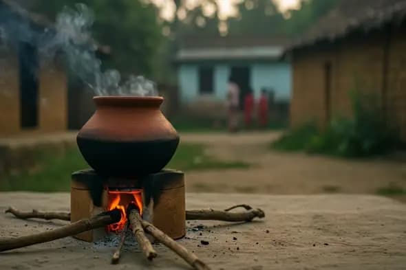 Traditional Cooking with Clay Pot Over Open Fire in Rural India