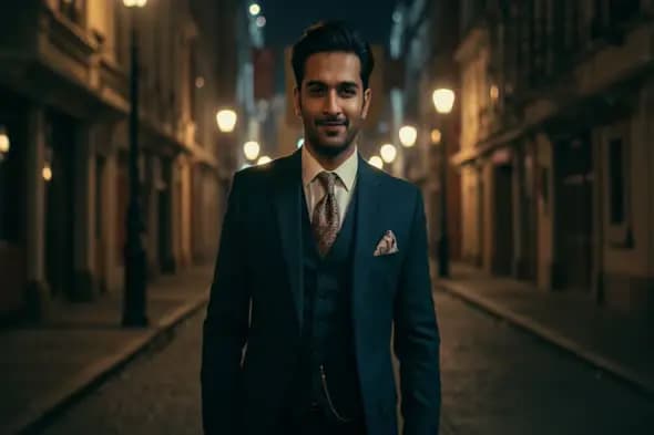 Confident Indian Businessman Walking Alone at Night on Elegant Street