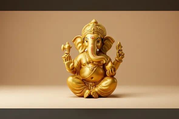 Elegant Golden Ganesha Idol on Beige Backdrop – Ideal for Devotional & Festive Posters