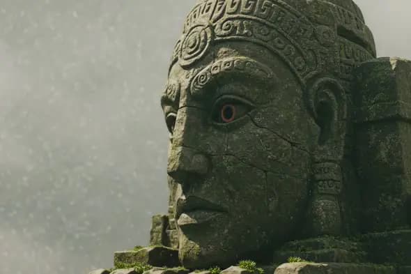Ancient Stone Face Monument with Moss in Rainy Jungle Ambience