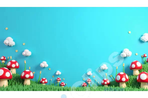 Whimsical Mushroom Meadow with Playful Clouds and Grass