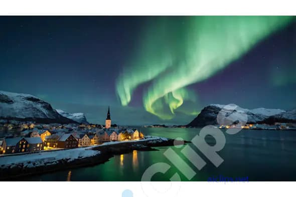 Northern Lights Over Coastal Village