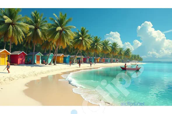 Tropical Beach Scene with Colorful Beach Huts