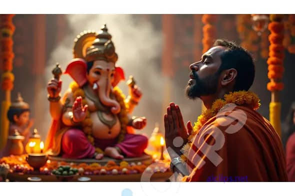 Devotee Offering Prayers to Lord Ganesha in a Decorated Temple