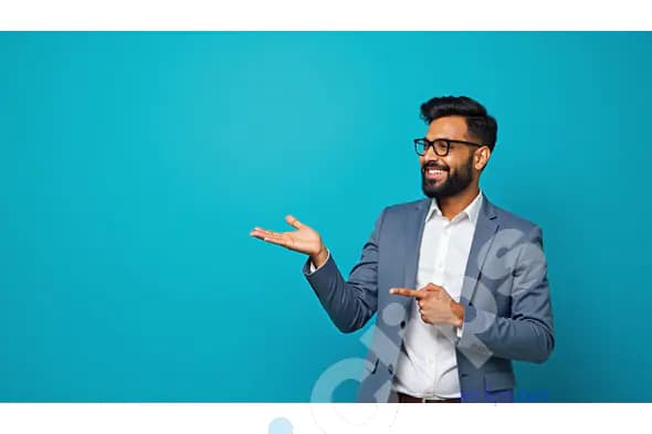 Confident Businessman Pointing and Presenting on Blue Background