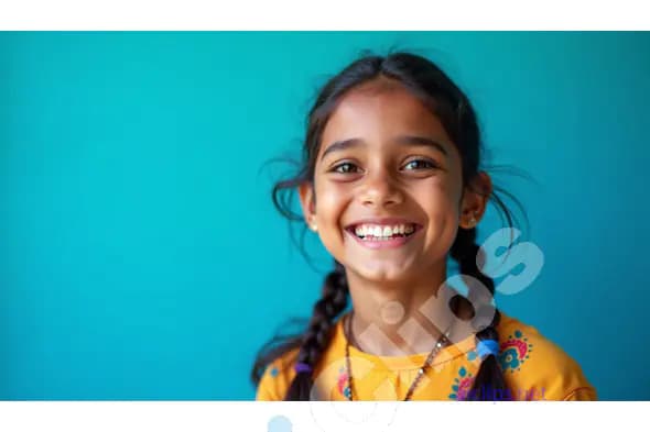 Smiling Indian Girl with Braids on Turquoise Background